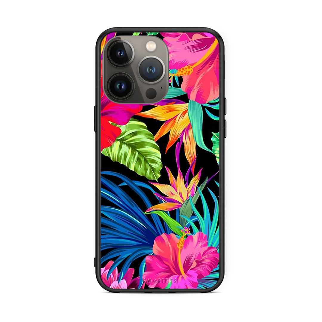 iPhone 13 Pro Max Tropical Flowers θήκη από τη Smartfits με σχέδιο στο πίσω μέρος και μαύρο περίβλημα | Smartphone case with colorful back and black bezels by Smartfits