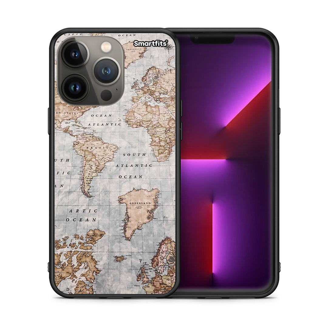 Θήκη iPhone 13 Pro Max World Map από τη Smartfits με σχέδιο στο πίσω μέρος και μαύρο περίβλημα | iPhone 13 Pro Max World Map case with colorful back and black bezels