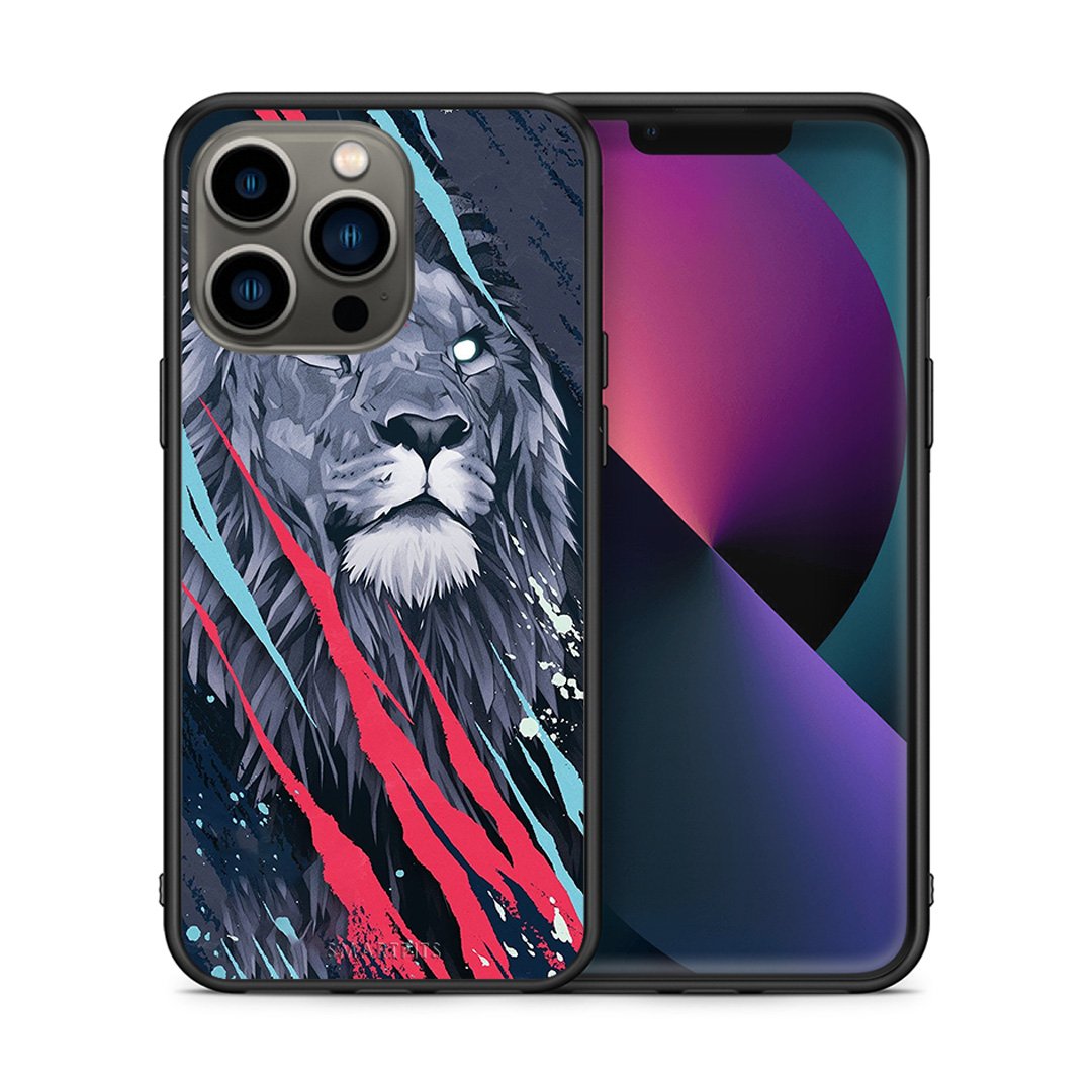 Θήκη iPhone 13 Pro Lion Designer PopArt από τη Smartfits με σχέδιο στο πίσω μέρος και μαύρο περίβλημα | iPhone 13 Pro Lion Designer PopArt case with colorful back and black bezels