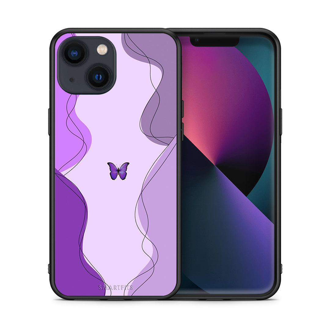 Θήκη Αγίου Βαλεντίνου iPhone 13 Mini Purple Mariposa από τη Smartfits με σχέδιο στο πίσω μέρος και μαύρο περίβλημα | iPhone 13 Mini Purple Mariposa case with colorful back and black bezels