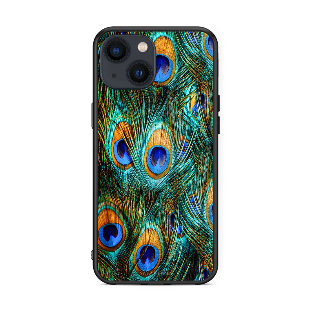 iPhone 13 Real Peacock Feathers θήκη από τη Smartfits με σχέδιο στο πίσω μέρος και μαύρο περίβλημα | Smartphone case with colorful back and black bezels by Smartfits