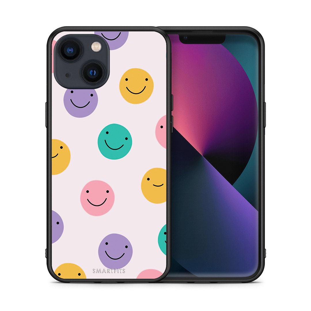 Θήκη iPhone 13 Mini Smiley Faces από τη Smartfits με σχέδιο στο πίσω μέρος και μαύρο περίβλημα | iPhone 13 Mini Smiley Faces case with colorful back and black bezels