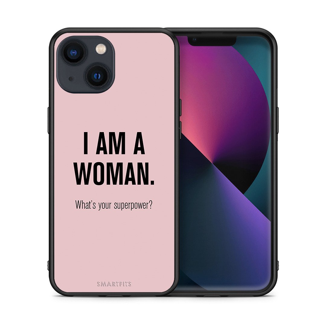 Θήκη iPhone 13 Superpower Woman από τη Smartfits με σχέδιο στο πίσω μέρος και μαύρο περίβλημα | iPhone 13 Superpower Woman case with colorful back and black bezels