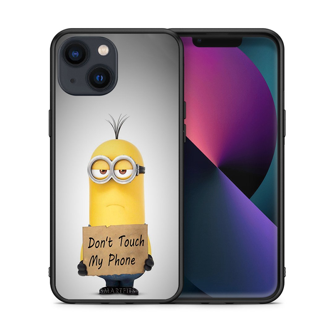 Θήκη iPhone 13 Minion Text από τη Smartfits με σχέδιο στο πίσω μέρος και μαύρο περίβλημα | iPhone 13 Minion Text case with colorful back and black bezels