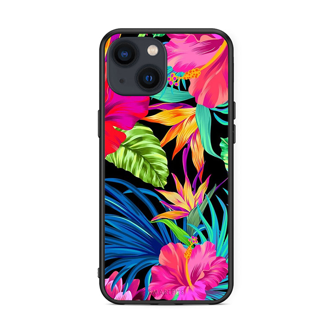 iPhone 13 Mini Tropical Flowers θήκη από τη Smartfits με σχέδιο στο πίσω μέρος και μαύρο περίβλημα | Smartphone case with colorful back and black bezels by Smartfits