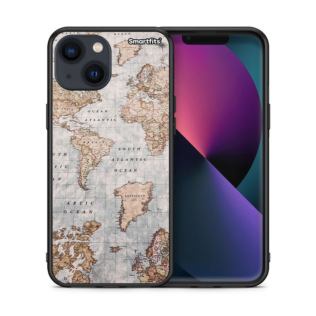 Θήκη iPhone 13 World Map από τη Smartfits με σχέδιο στο πίσω μέρος και μαύρο περίβλημα | iPhone 13 World Map case with colorful back and black bezels