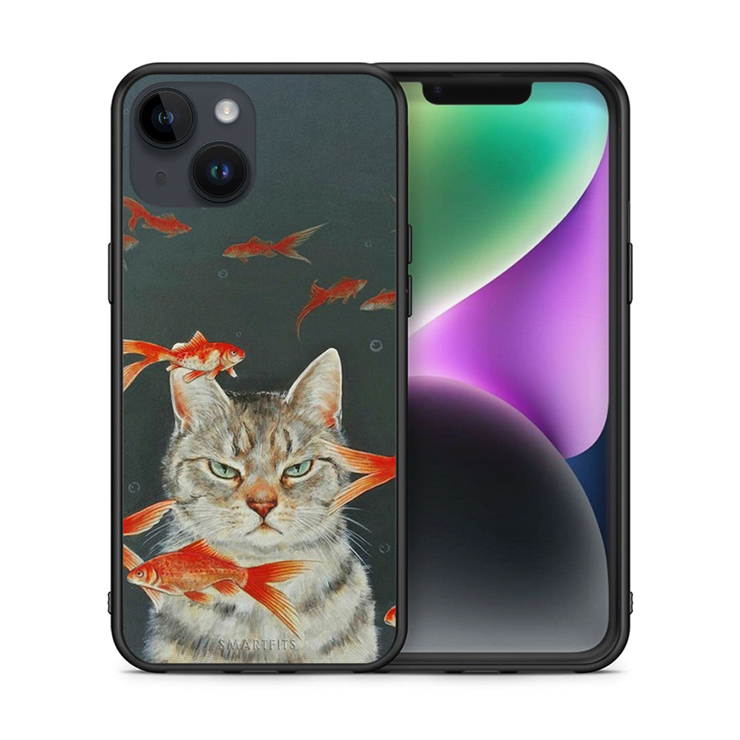 Θήκη iPhone 15 Cat Goldfish από τη Smartfits με σχέδιο στο πίσω μέρος και μαύρο περίβλημα | iPhone 15 Cat Goldfish case with colorful back and black bezels