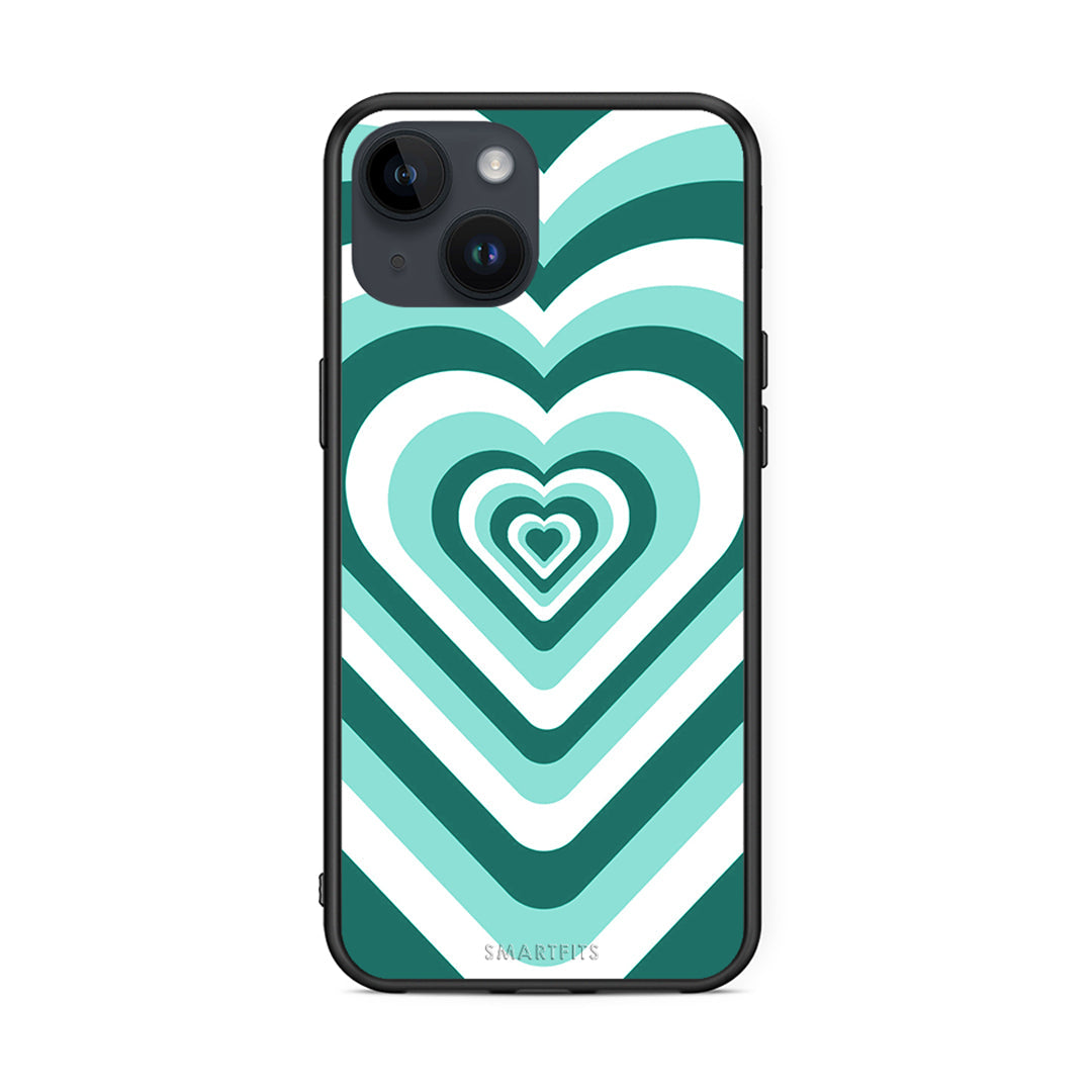 iPhone 14 Green Hearts θήκη από τη Smartfits με σχέδιο στο πίσω μέρος και μαύρο περίβλημα | Smartphone case with colorful back and black bezels by Smartfits