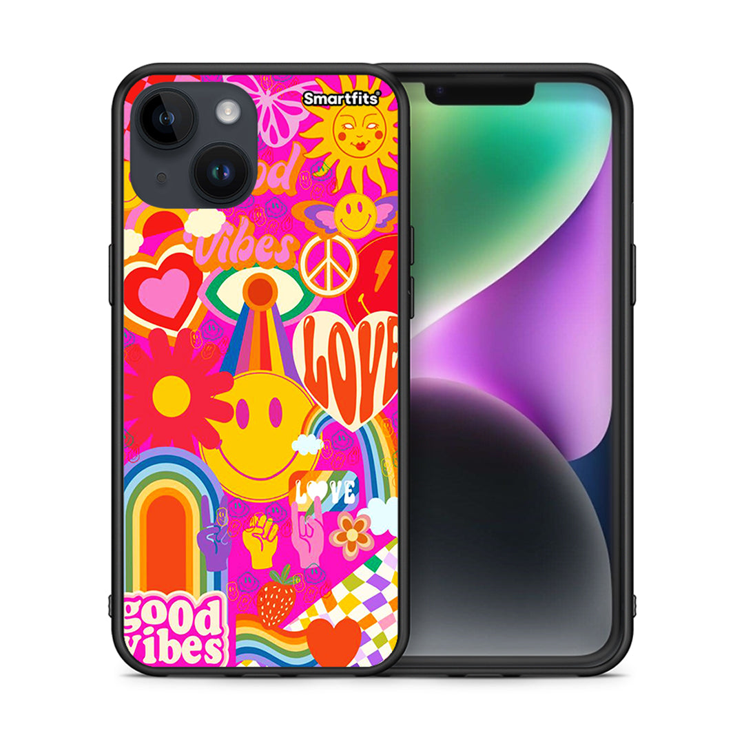 Θήκη iPhone 14 Hippie Love από τη Smartfits με σχέδιο στο πίσω μέρος και μαύρο περίβλημα | iPhone 14 Hippie Love case with colorful back and black bezels