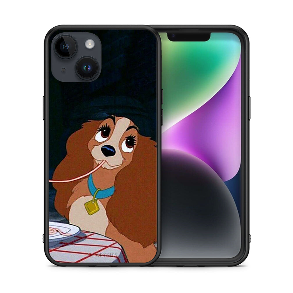 Θήκη Αγίου Βαλεντίνου iPhone 14 Lady And Tramp 2 από τη Smartfits με σχέδιο στο πίσω μέρος και μαύρο περίβλημα | iPhone 14 Lady And Tramp 2 case with colorful back and black bezels