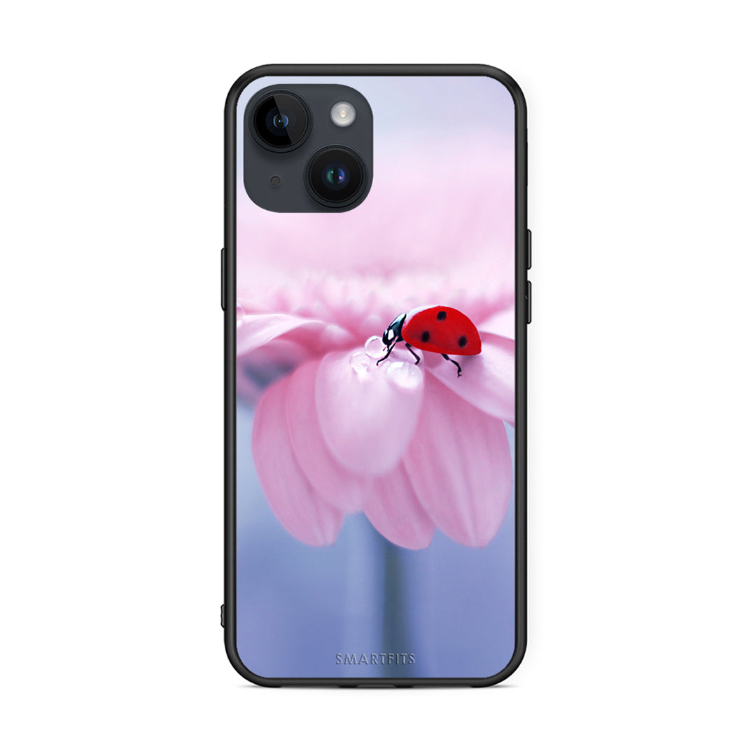 iPhone 15 Ladybug Flower θήκη από τη Smartfits με σχέδιο στο πίσω μέρος και μαύρο περίβλημα | Smartphone case with colorful back and black bezels by Smartfits