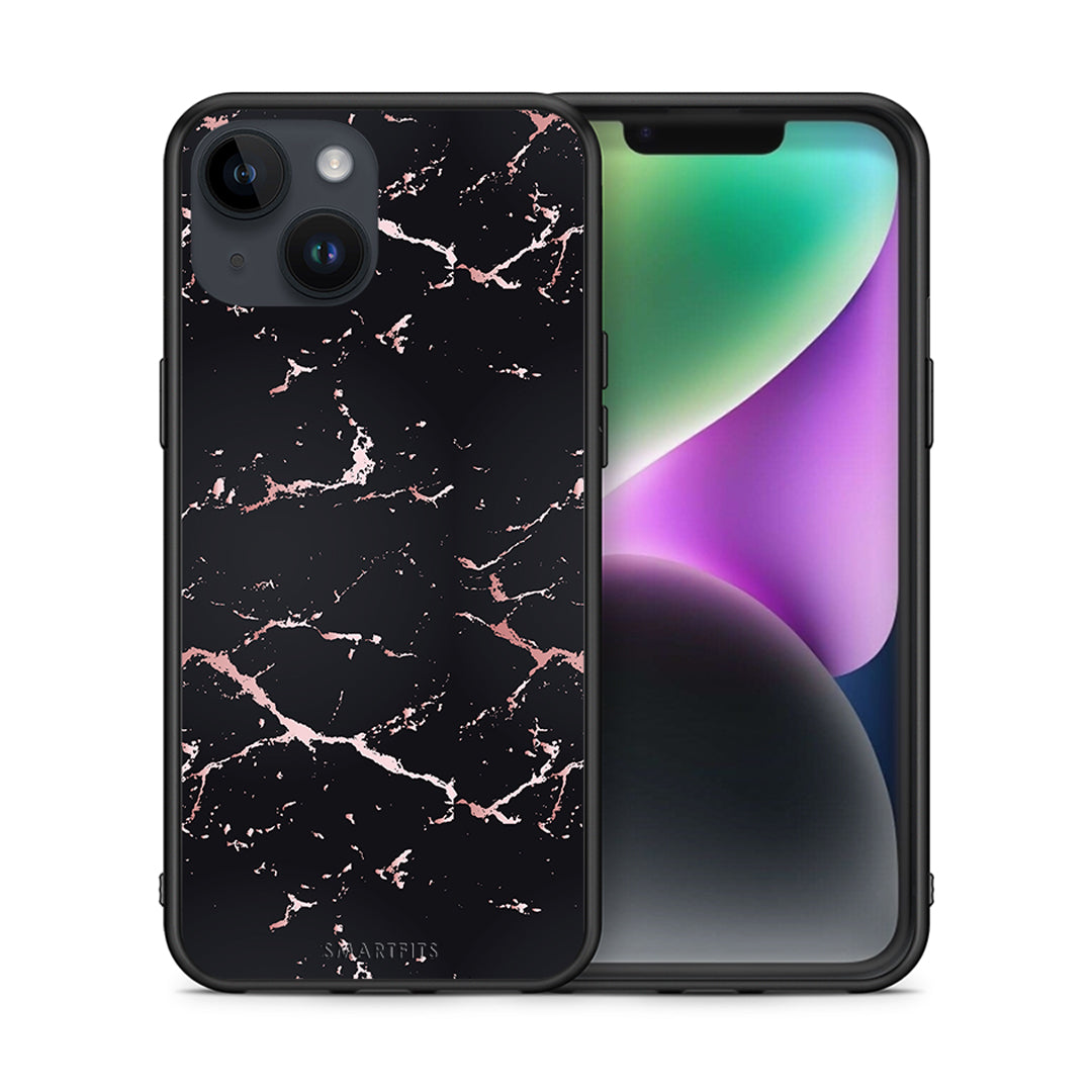 Θήκη iPhone 15 Black Rosegold Marble από τη Smartfits με σχέδιο στο πίσω μέρος και μαύρο περίβλημα | iPhone 15 Black Rosegold Marble case with colorful back and black bezels