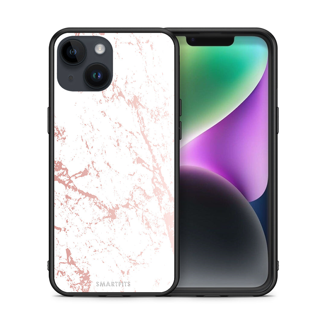 Θήκη iPhone 15 Pink Splash Marble από τη Smartfits με σχέδιο στο πίσω μέρος και μαύρο περίβλημα | iPhone 15 Pink Splash Marble case with colorful back and black bezels