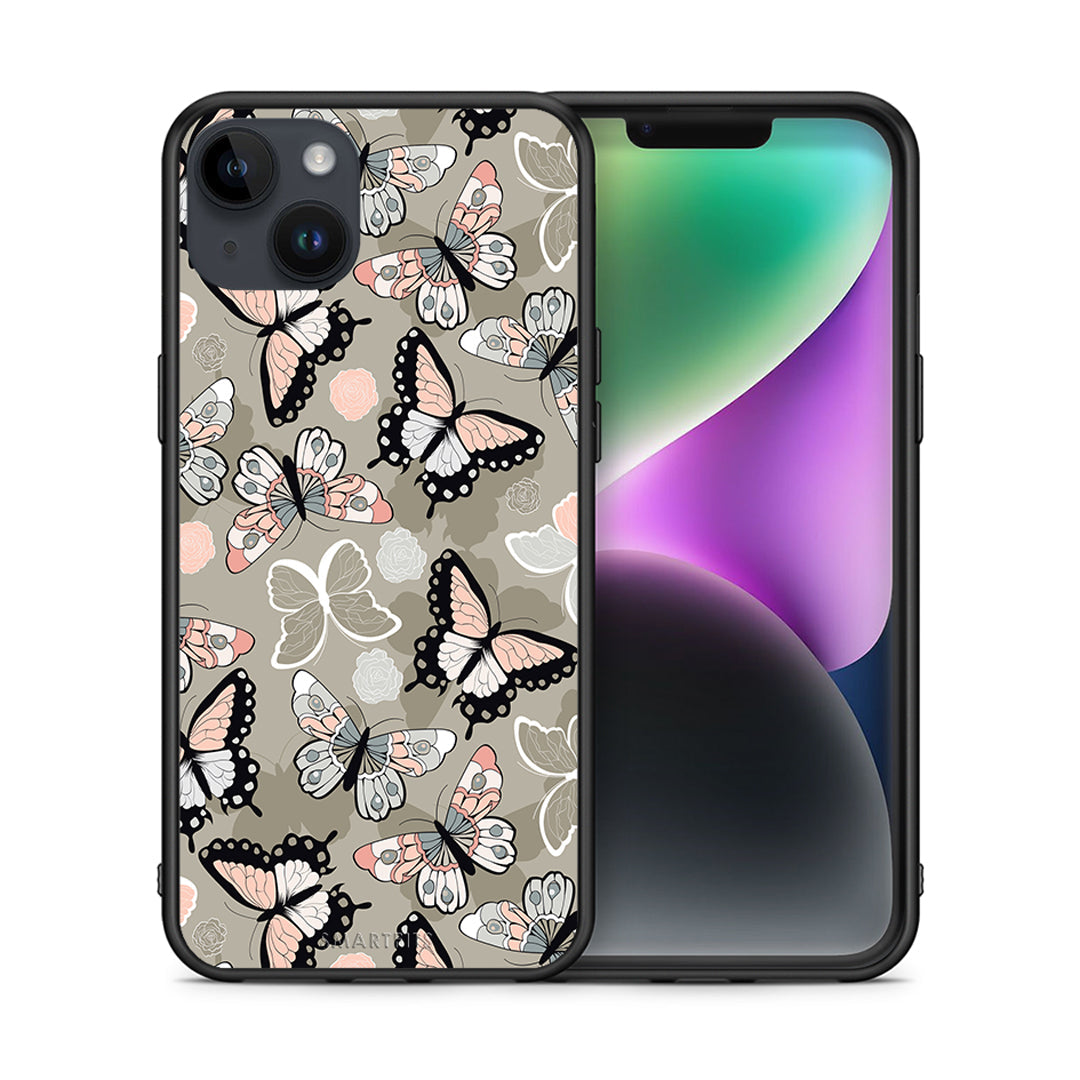 Θήκη iPhone 14 Plus Butterflies Boho από τη Smartfits με σχέδιο στο πίσω μέρος και μαύρο περίβλημα | iPhone 14 Plus Butterflies Boho case with colorful back and black bezels