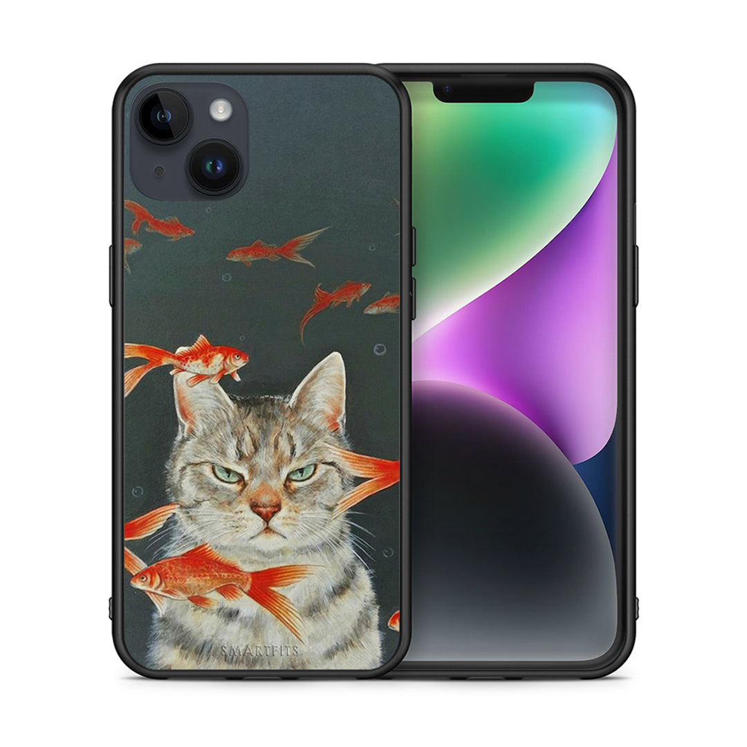 Θήκη iPhone 14 Plus Cat Goldfish από τη Smartfits με σχέδιο στο πίσω μέρος και μαύρο περίβλημα | iPhone 14 Plus Cat Goldfish case with colorful back and black bezels