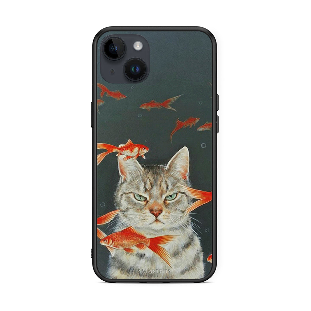 iPhone 14 Plus Cat Goldfish θήκη από τη Smartfits με σχέδιο στο πίσω μέρος και μαύρο περίβλημα | Smartphone case with colorful back and black bezels by Smartfits