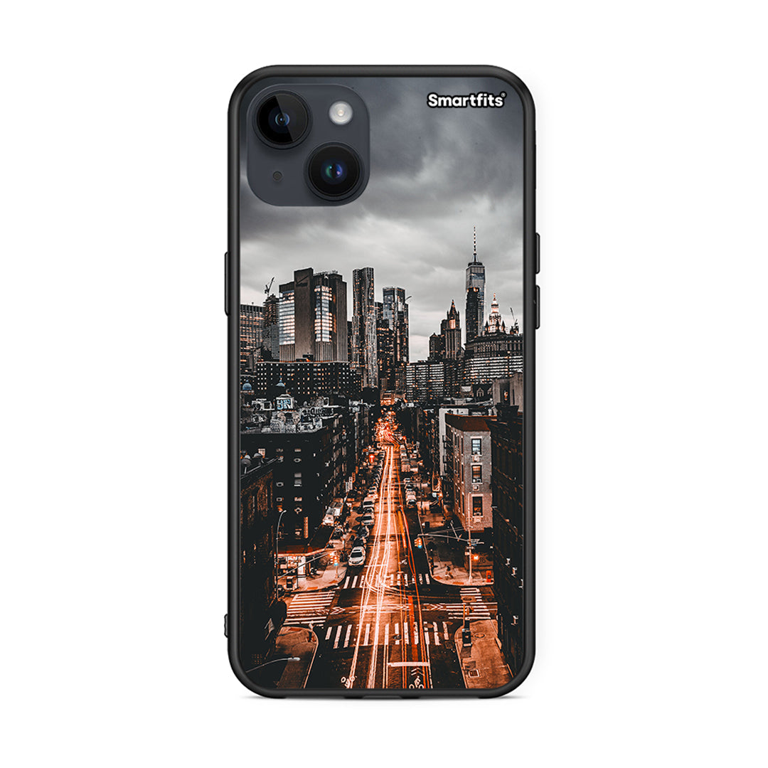 iPhone 15 Plus City Lights θήκη από τη Smartfits με σχέδιο στο πίσω μέρος και μαύρο περίβλημα | Smartphone case with colorful back and black bezels by Smartfits