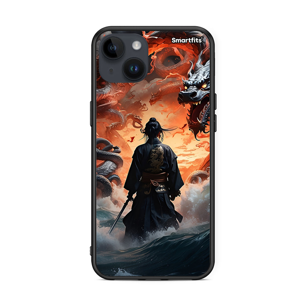 iPhone 15 Plus Dragons Fight θήκη από τη Smartfits με σχέδιο στο πίσω μέρος και μαύρο περίβλημα | Smartphone case with colorful back and black bezels by Smartfits