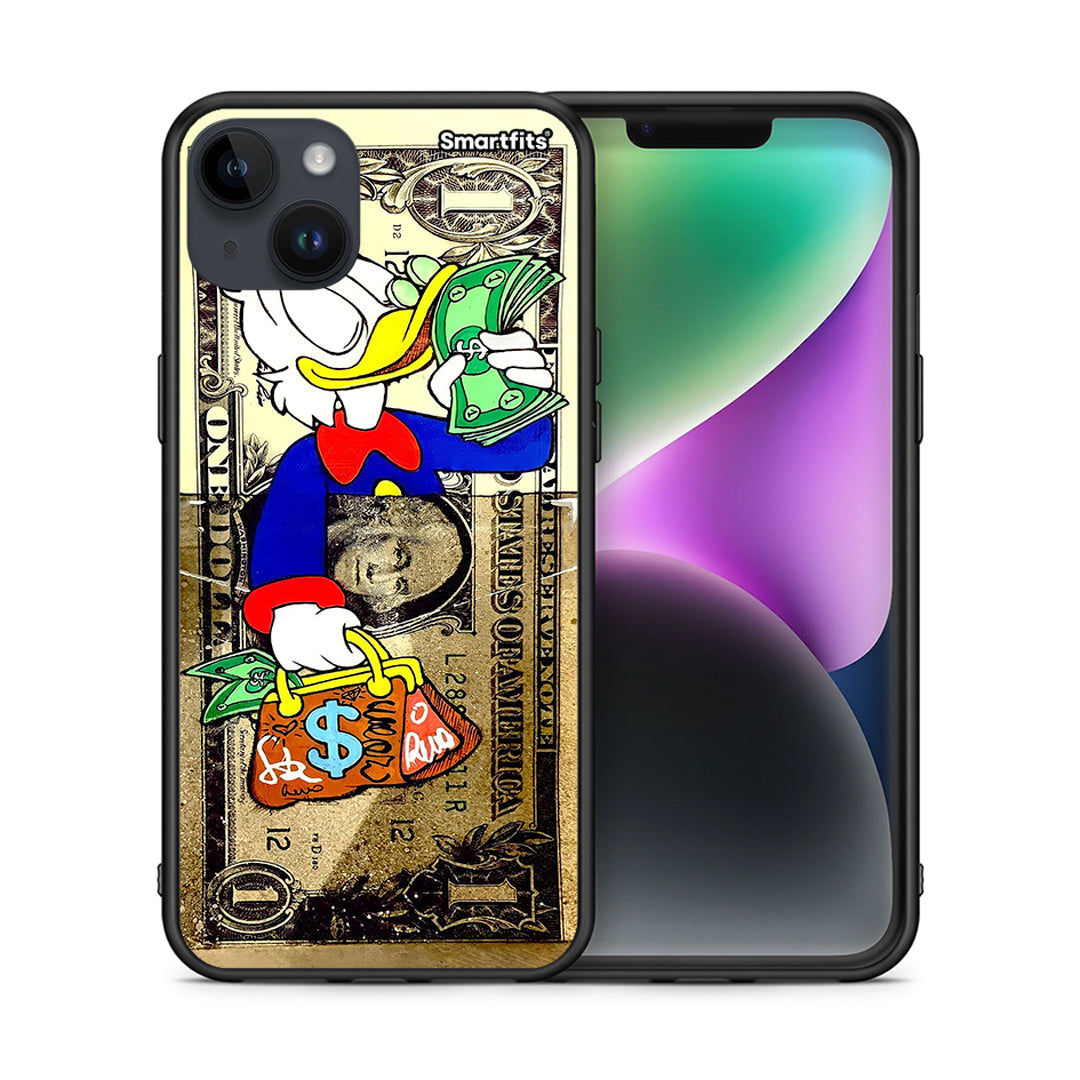 Θήκη iPhone 15 Plus Duck Money από τη Smartfits με σχέδιο στο πίσω μέρος και μαύρο περίβλημα | iPhone 15 Plus Duck Money case with colorful back and black bezels