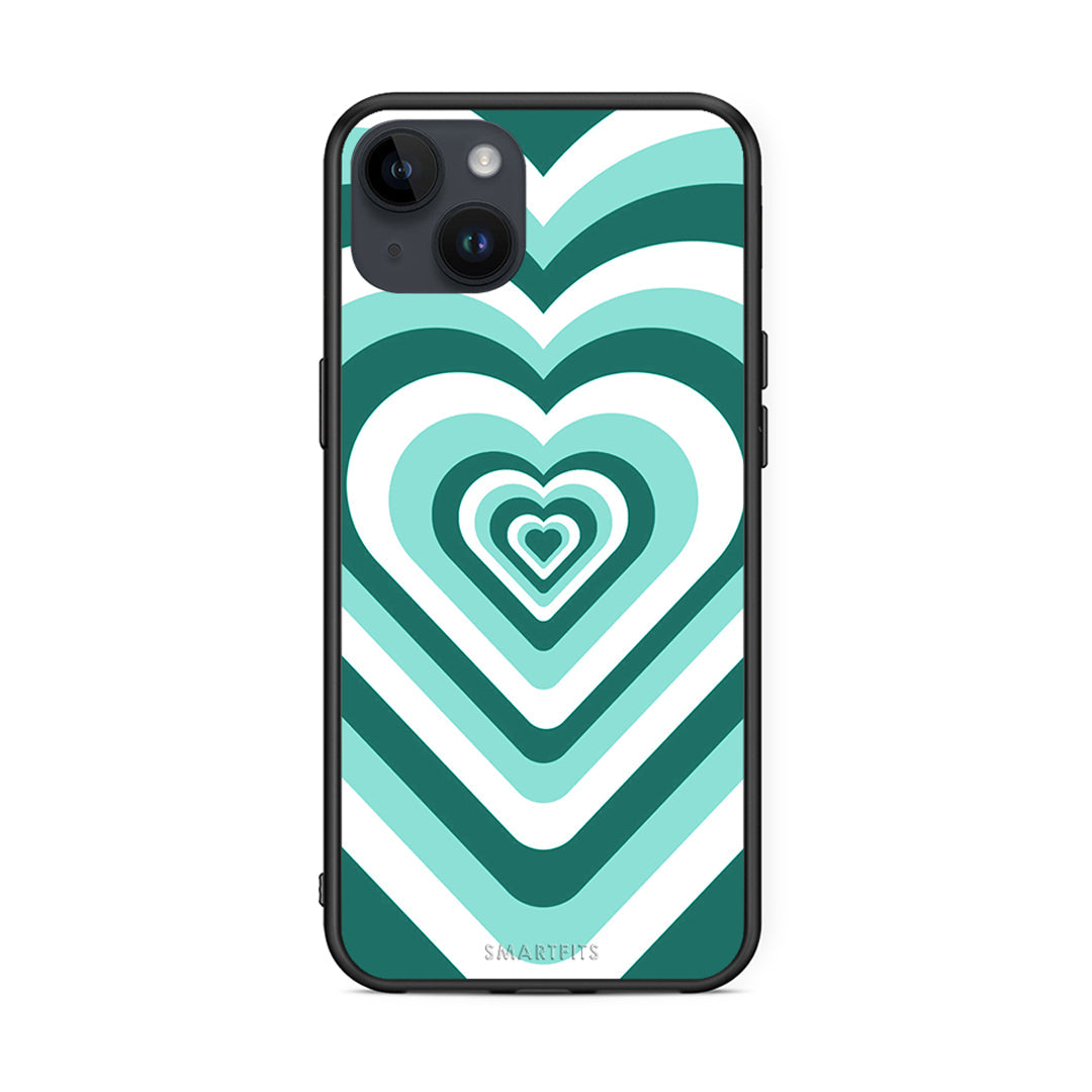 iPhone 15 Plus Green Hearts θήκη από τη Smartfits με σχέδιο στο πίσω μέρος και μαύρο περίβλημα | Smartphone case with colorful back and black bezels by Smartfits