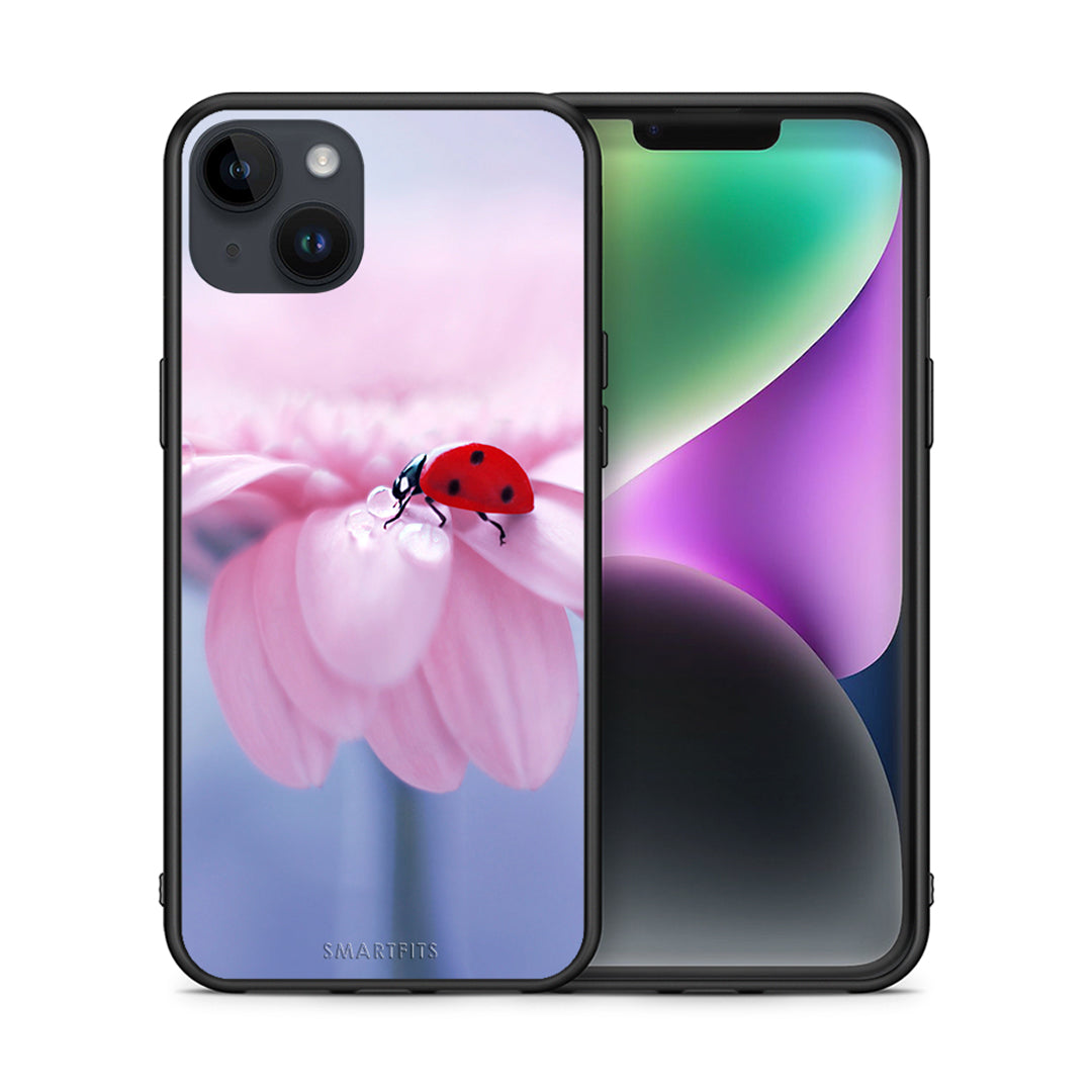 Θήκη iPhone 15 Plus Ladybug Flower από τη Smartfits με σχέδιο στο πίσω μέρος και μαύρο περίβλημα | iPhone 15 Plus Ladybug Flower case with colorful back and black bezels