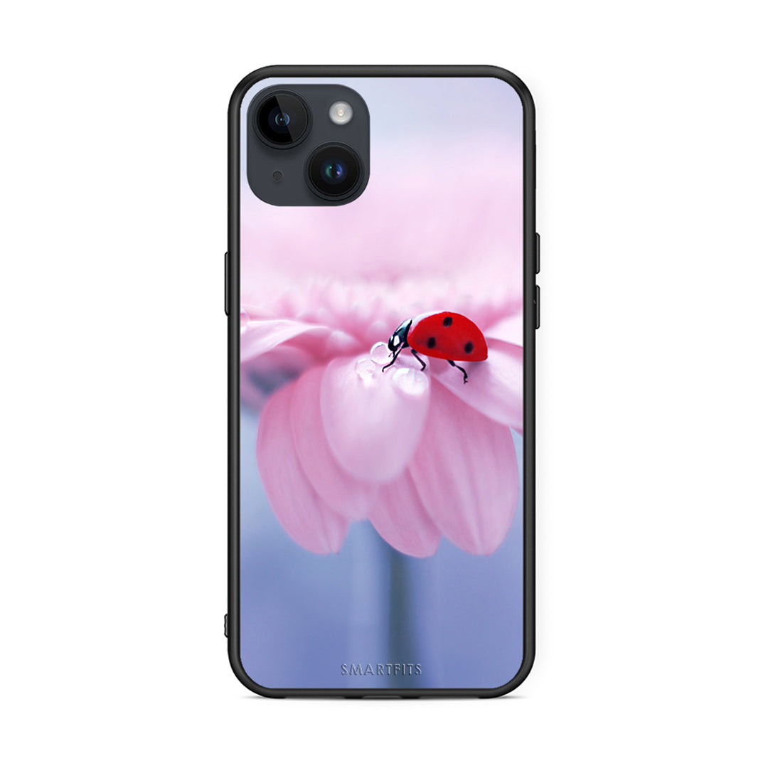 iPhone 15 Plus Ladybug Flower θήκη από τη Smartfits με σχέδιο στο πίσω μέρος και μαύρο περίβλημα | Smartphone case with colorful back and black bezels by Smartfits