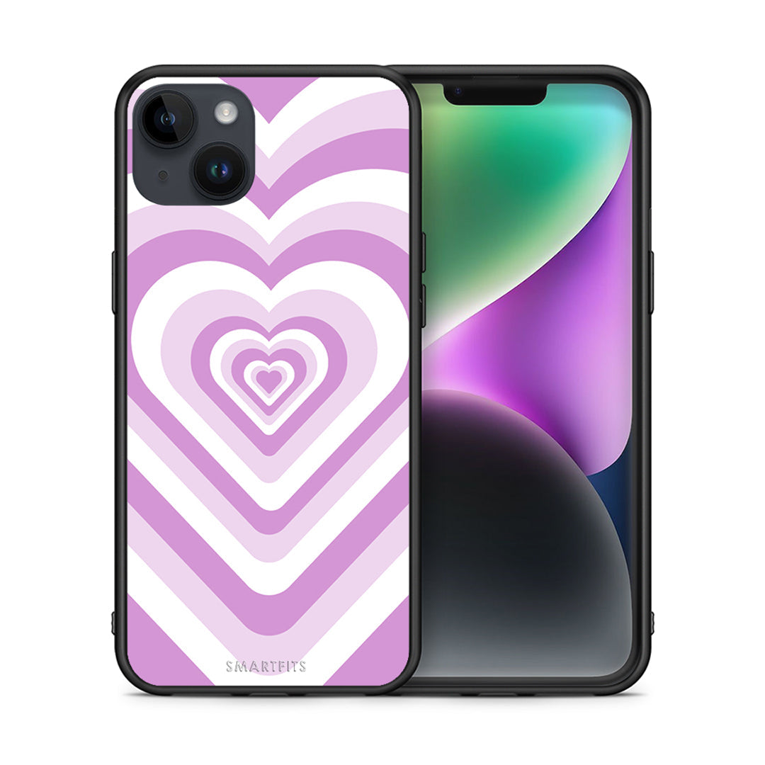 Θήκη iPhone 14 Plus Lilac Hearts από τη Smartfits με σχέδιο στο πίσω μέρος και μαύρο περίβλημα | iPhone 14 Plus Lilac Hearts case with colorful back and black bezels