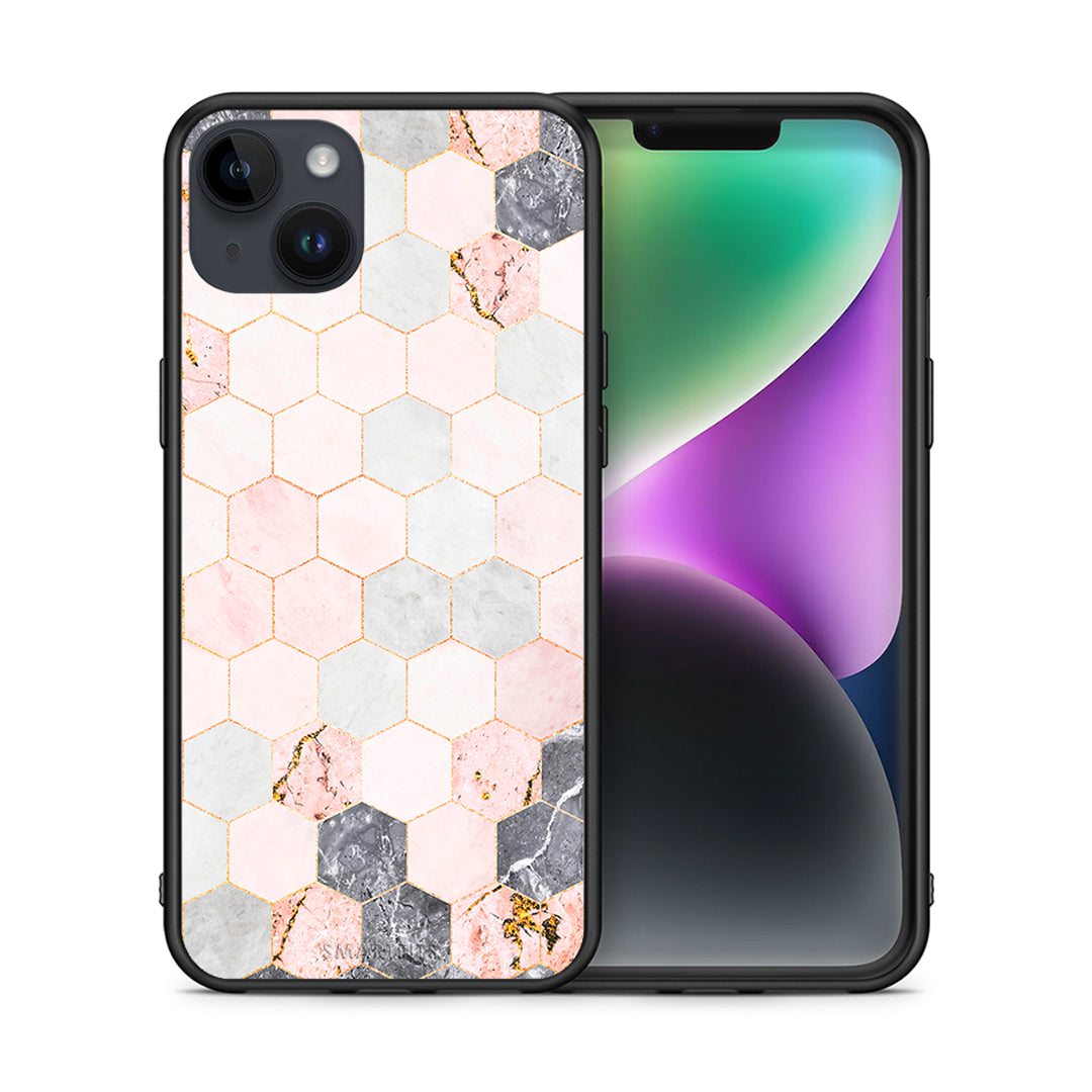 Θήκη iPhone 14 Plus Hexagon Pink Marble από τη Smartfits με σχέδιο στο πίσω μέρος και μαύρο περίβλημα | iPhone 14 Plus Hexagon Pink Marble case with colorful back and black bezels