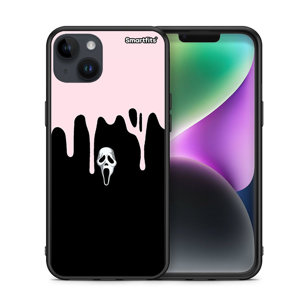 Θήκη iPhone 14 Plus Melting Halloween Mask από τη Smartfits με σχέδιο στο πίσω μέρος και μαύρο περίβλημα | iPhone 14 Plus Melting Halloween Mask case with colorful back and black bezels