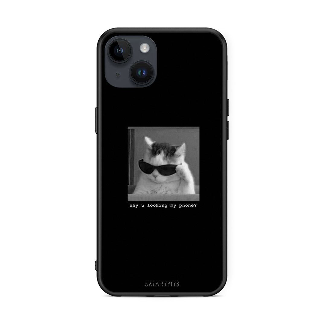 iPhone 15 Plus Meme Cat θήκη από τη Smartfits με σχέδιο στο πίσω μέρος και μαύρο περίβλημα | Smartphone case with colorful back and black bezels by Smartfits