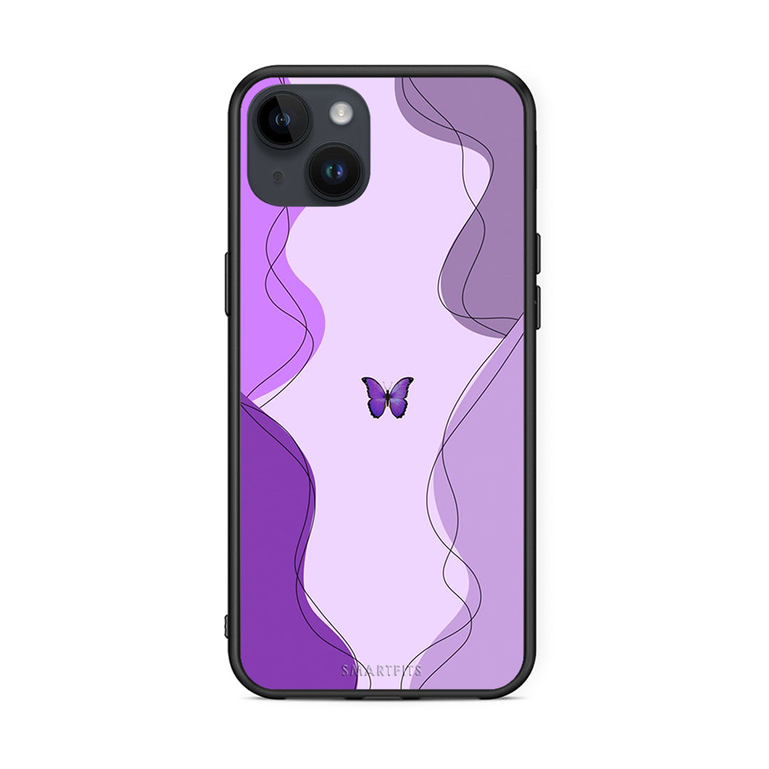 iPhone 15 Plus Purple Mariposa Θήκη Αγίου Βαλεντίνου από τη Smartfits με σχέδιο στο πίσω μέρος και μαύρο περίβλημα | Smartphone case with colorful back and black bezels by Smartfits