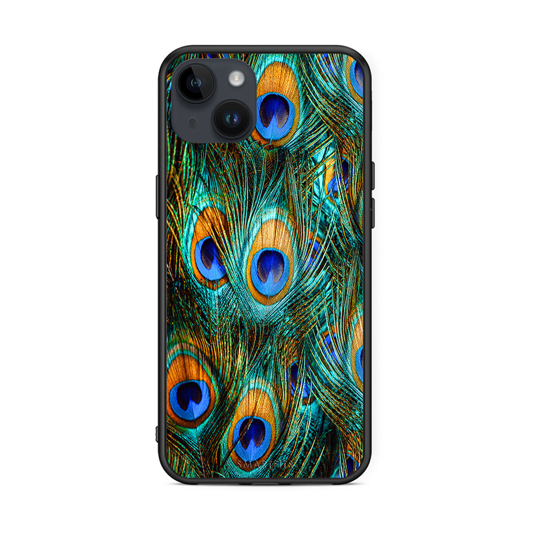 iPhone 15 Plus Real Peacock Feathers θήκη από τη Smartfits με σχέδιο στο πίσω μέρος και μαύρο περίβλημα | Smartphone case with colorful back and black bezels by Smartfits