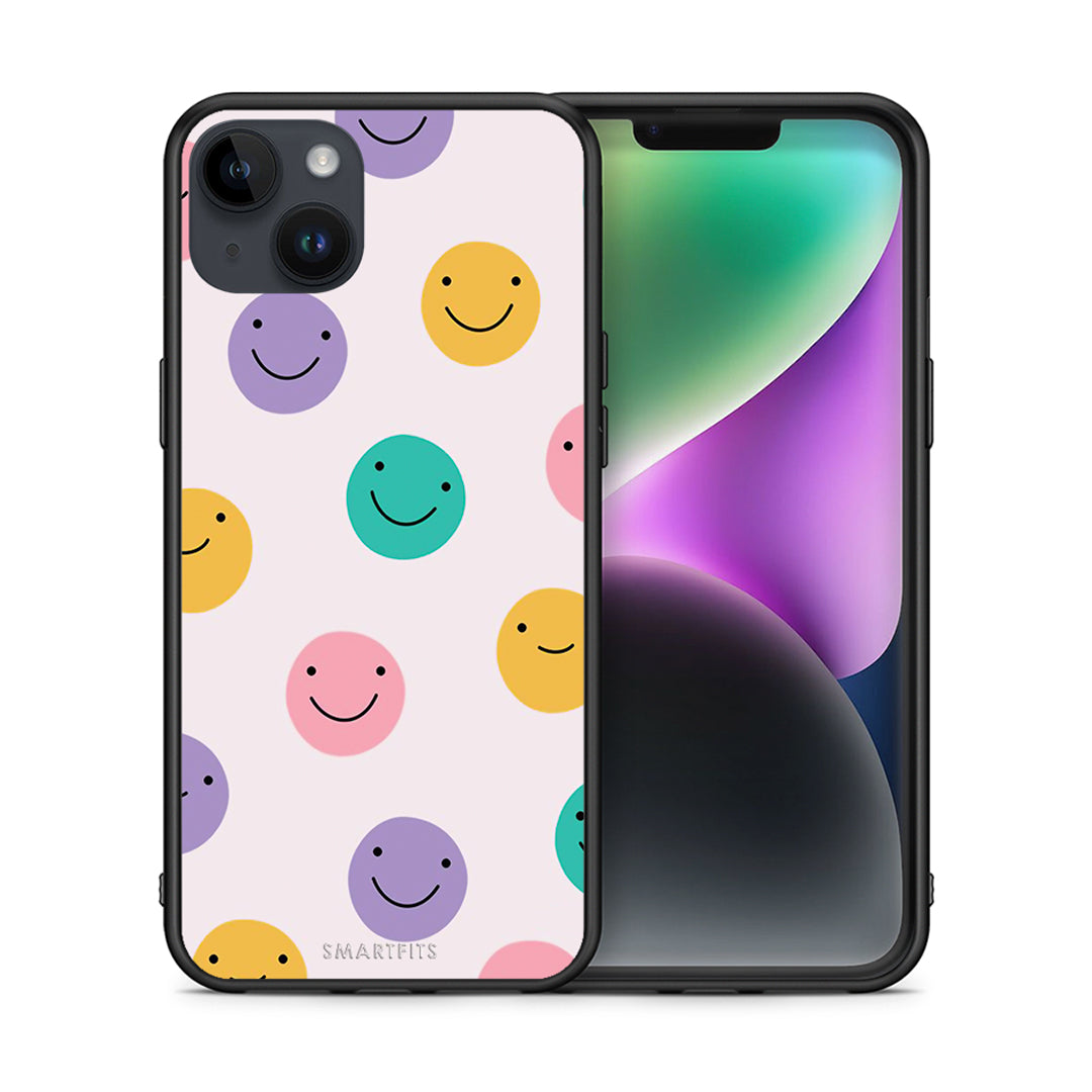 Θήκη iPhone 14 Plus Smiley Faces από τη Smartfits με σχέδιο στο πίσω μέρος και μαύρο περίβλημα | iPhone 14 Plus Smiley Faces case with colorful back and black bezels