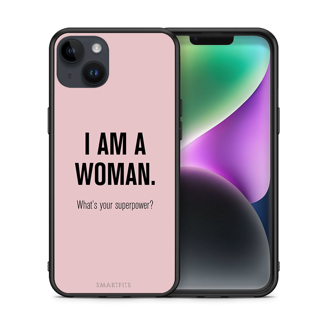 Θήκη iPhone 15 Plus Superpower Woman από τη Smartfits με σχέδιο στο πίσω μέρος και μαύρο περίβλημα | iPhone 15 Plus Superpower Woman case with colorful back and black bezels