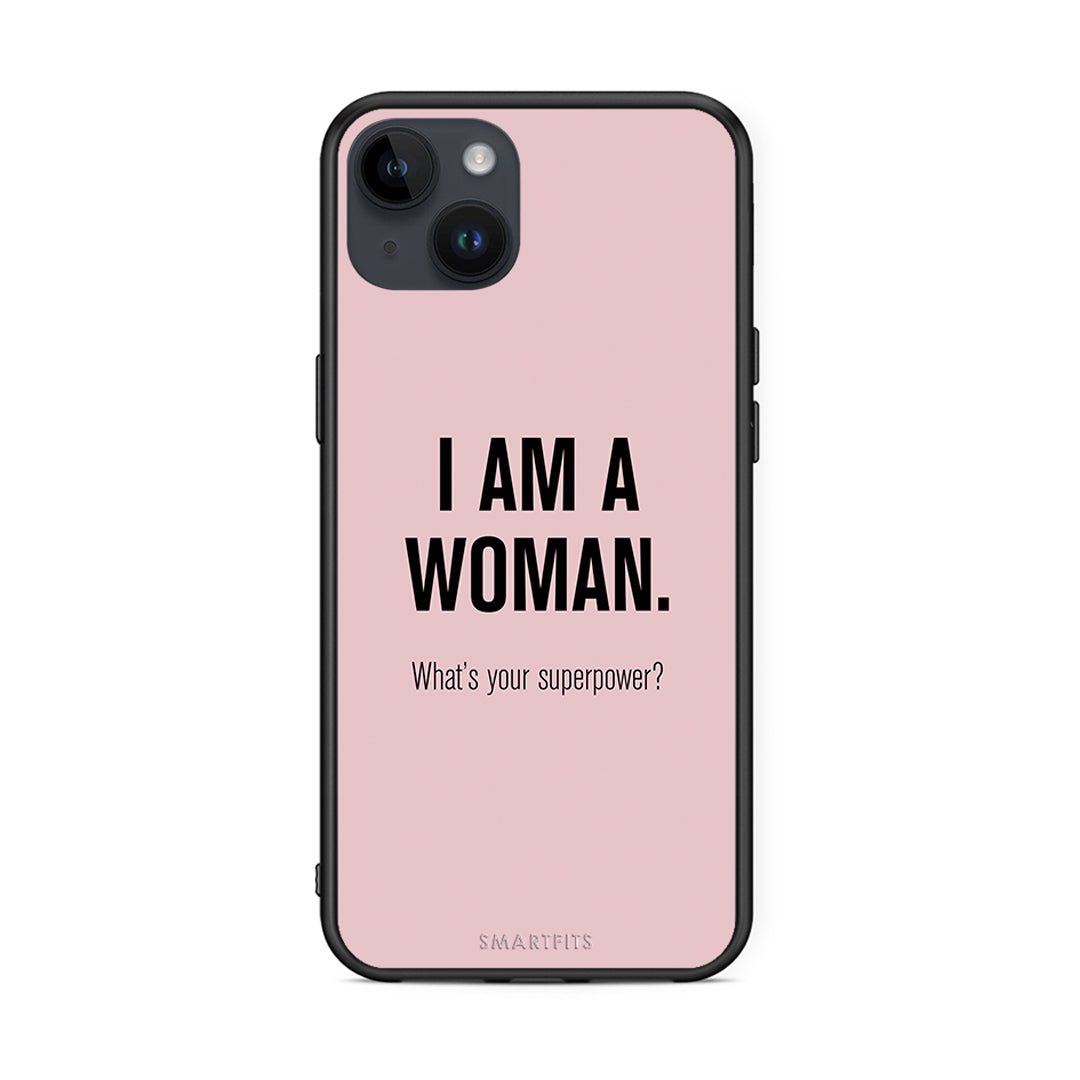 iPhone 15 Plus Superpower Woman θήκη από τη Smartfits με σχέδιο στο πίσω μέρος και μαύρο περίβλημα | Smartphone case with colorful back and black bezels by Smartfits