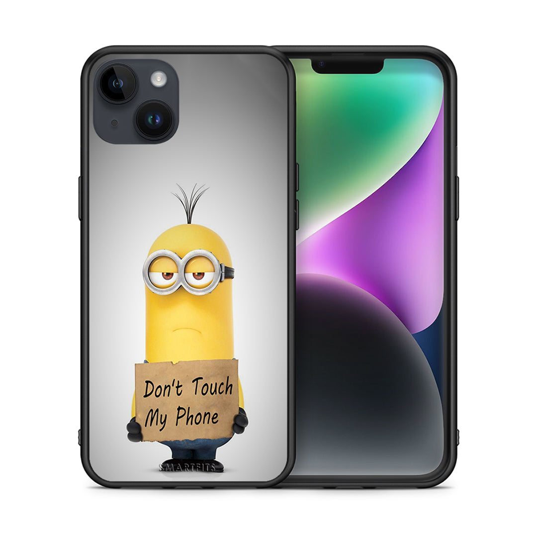 Θήκη iPhone 14 Plus Minion Text από τη Smartfits με σχέδιο στο πίσω μέρος και μαύρο περίβλημα | iPhone 14 Plus Minion Text case with colorful back and black bezels