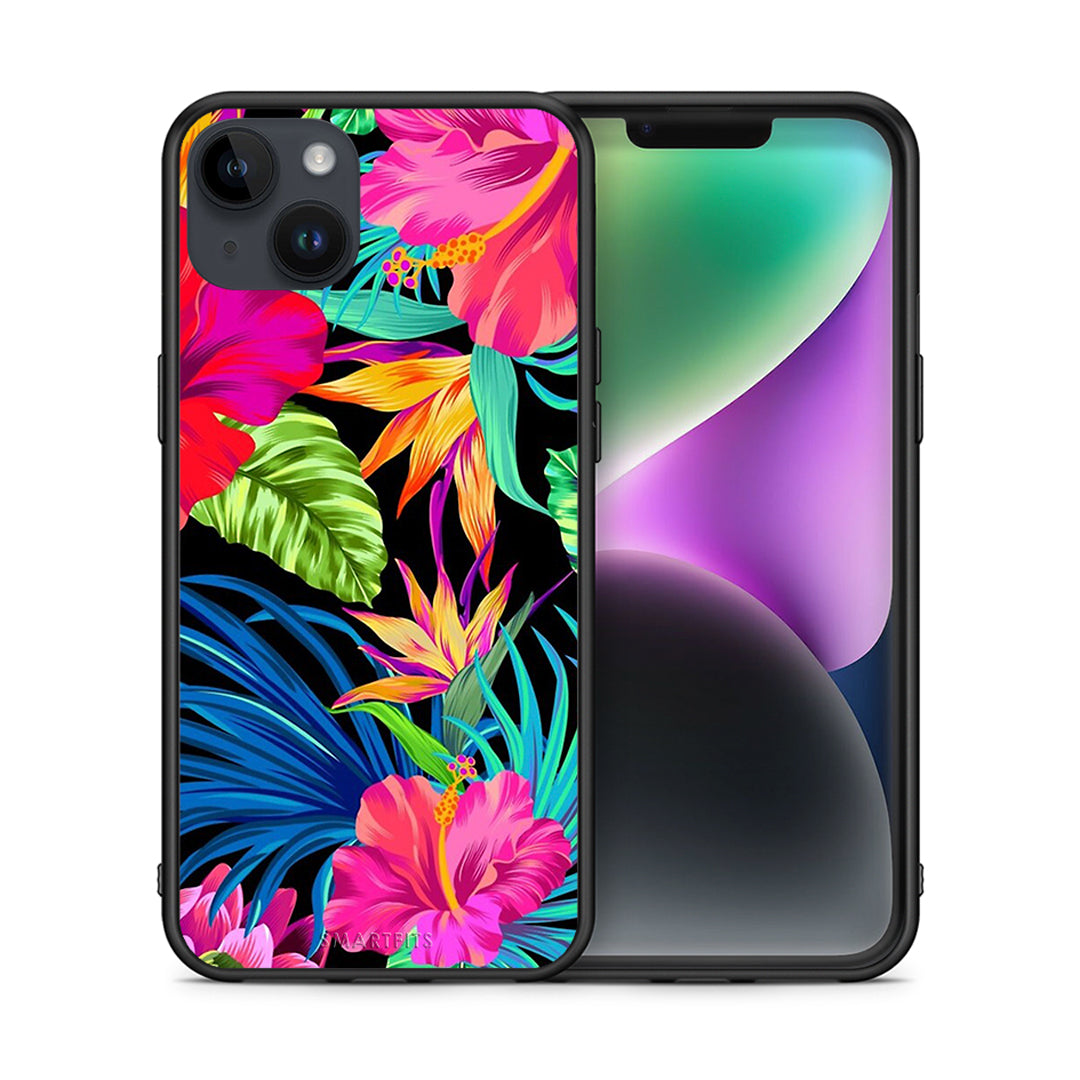 Θήκη iPhone 15 Plus Tropical Flowers από τη Smartfits με σχέδιο στο πίσω μέρος και μαύρο περίβλημα | iPhone 15 Plus Tropical Flowers case with colorful back and black bezels