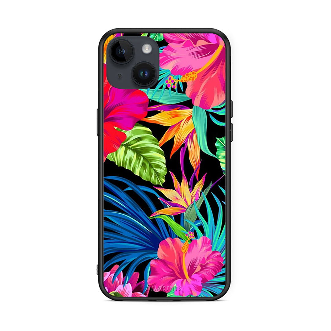 iPhone 14 Plus Tropical Flowers θήκη από τη Smartfits με σχέδιο στο πίσω μέρος και μαύρο περίβλημα | Smartphone case with colorful back and black bezels by Smartfits