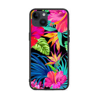 Thumbnail for iPhone 15 Plus Tropical Flowers θήκη από τη Smartfits με σχέδιο στο πίσω μέρος και μαύρο περίβλημα | Smartphone case with colorful back and black bezels by Smartfits
