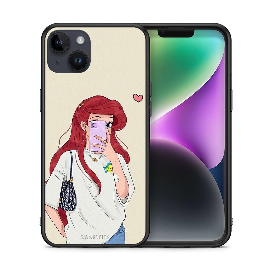 Θήκη iPhone 15 Plus Walking Mermaid από τη Smartfits με σχέδιο στο πίσω μέρος και μαύρο περίβλημα | iPhone 15 Plus Walking Mermaid case with colorful back and black bezels