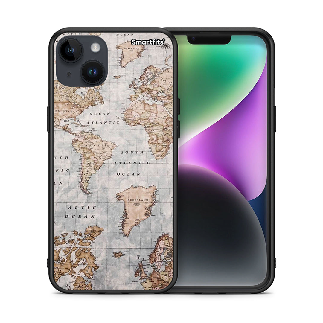 Θήκη iPhone 15 Plus World Map από τη Smartfits με σχέδιο στο πίσω μέρος και μαύρο περίβλημα | iPhone 15 Plus World Map case with colorful back and black bezels