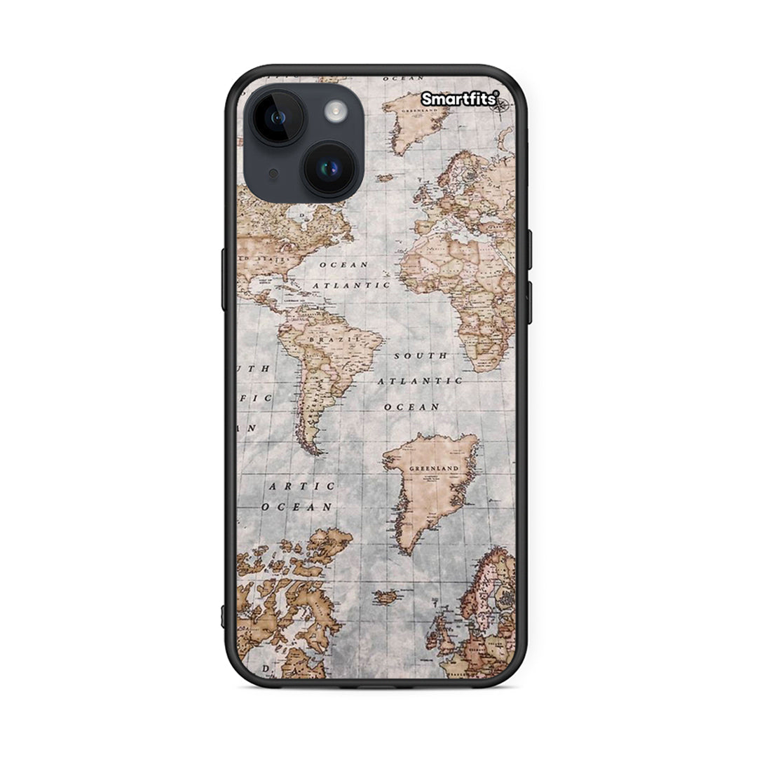 iPhone 15 Plus World Map θήκη από τη Smartfits με σχέδιο στο πίσω μέρος και μαύρο περίβλημα | Smartphone case with colorful back and black bezels by Smartfits