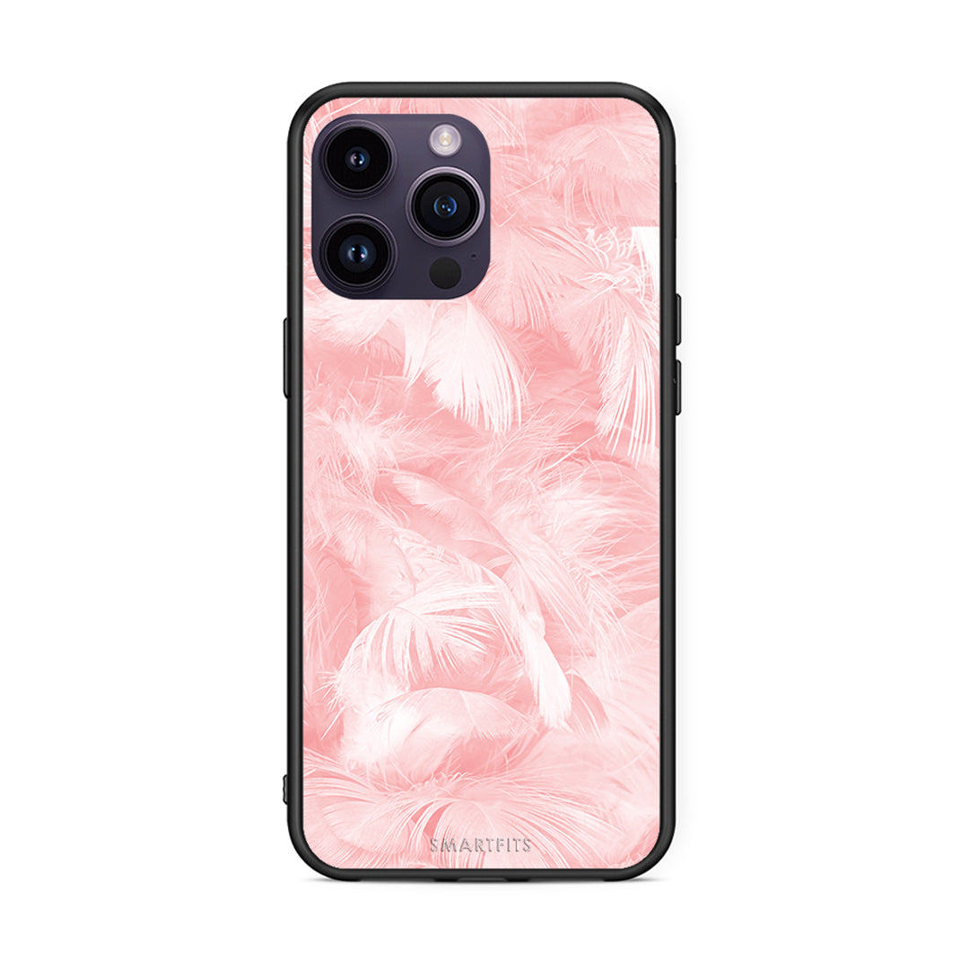 33 - iPhone 14 Pro Pink Feather Boho case, cover, bumper