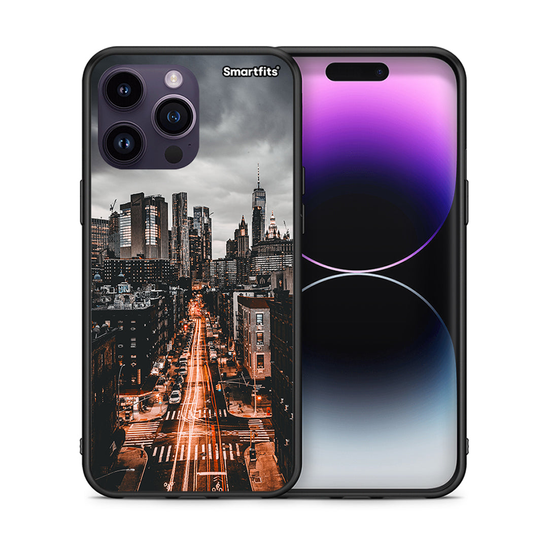 Θήκη iPhone 14 Pro City Lights από τη Smartfits με σχέδιο στο πίσω μέρος και μαύρο περίβλημα | iPhone 14 Pro City Lights case with colorful back and black bezels