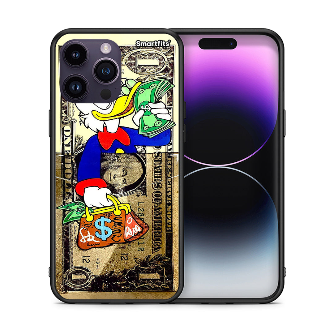 Θήκη iPhone 14 Pro Duck Money από τη Smartfits με σχέδιο στο πίσω μέρος και μαύρο περίβλημα | iPhone 14 Pro Duck Money case with colorful back and black bezels