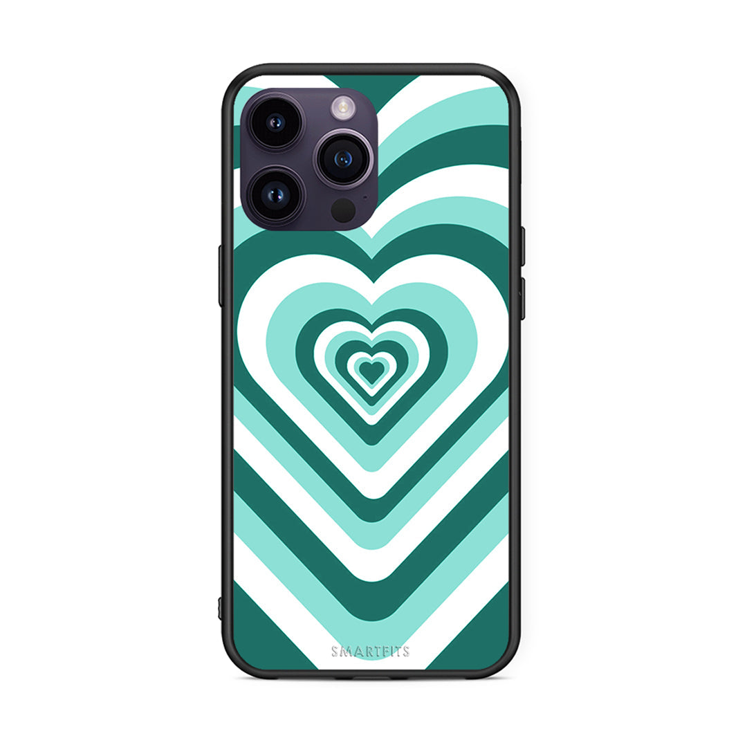 iPhone 14 Pro Green Hearts θήκη από τη Smartfits με σχέδιο στο πίσω μέρος και μαύρο περίβλημα | Smartphone case with colorful back and black bezels by Smartfits