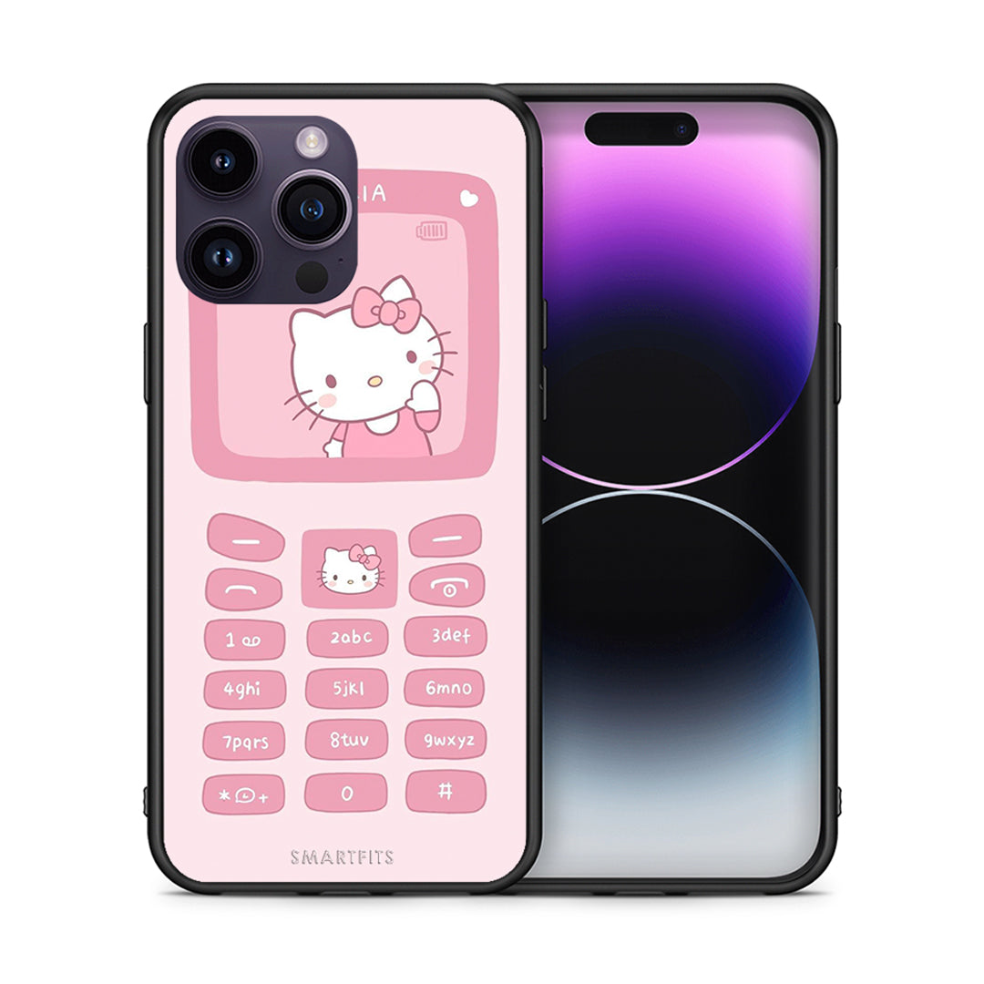 Θήκη Αγίου Βαλεντίνου iPhone 14 Pro Hello Kitten από τη Smartfits με σχέδιο στο πίσω μέρος και μαύρο περίβλημα | iPhone 14 Pro Hello Kitten case with colorful back and black bezels