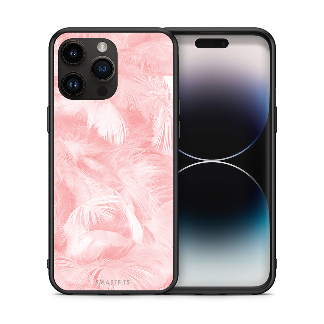 Θήκη iPhone 14 Pro Max Pink Feather Boho από τη Smartfits με σχέδιο στο πίσω μέρος και μαύρο περίβλημα | iPhone 14 Pro Max Pink Feather Boho case with colorful back and black bezels