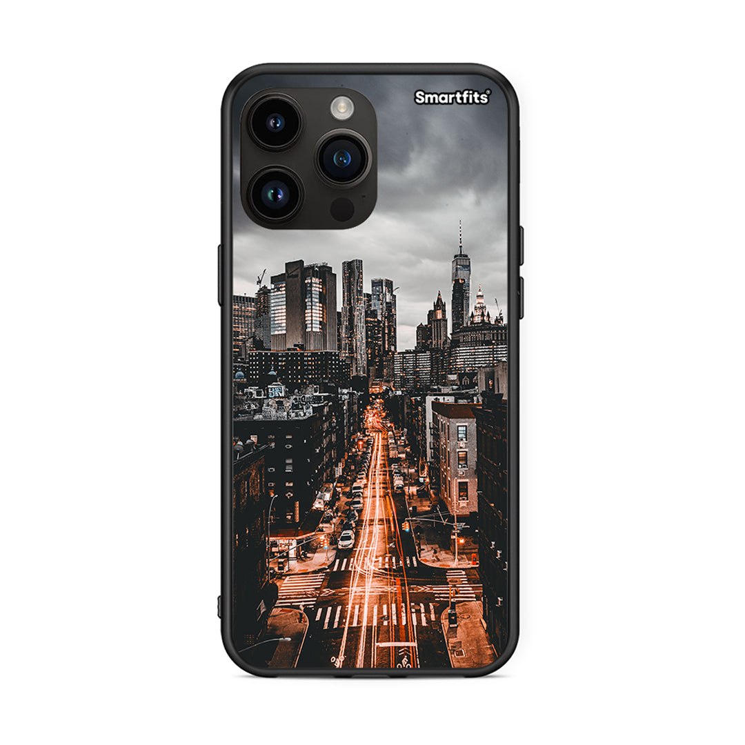 iPhone 15 Pro Max City Lights θήκη από τη Smartfits με σχέδιο στο πίσω μέρος και μαύρο περίβλημα | Smartphone case with colorful back and black bezels by Smartfits