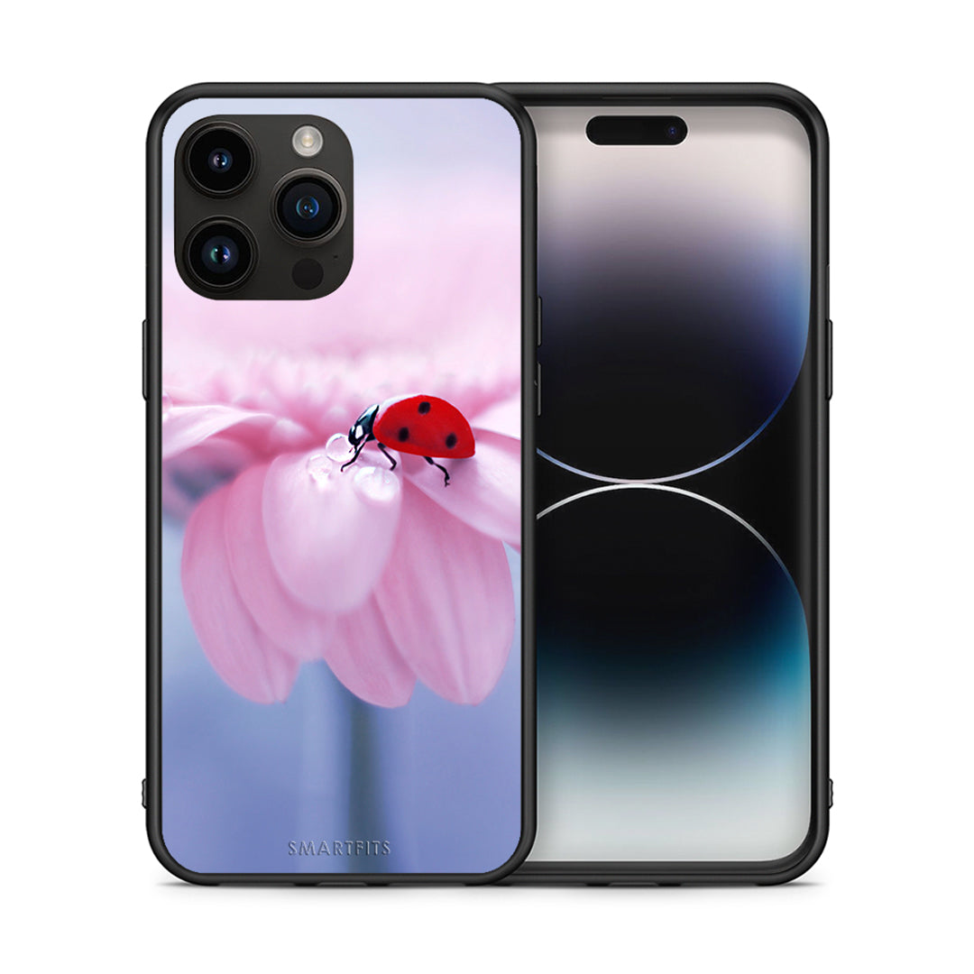 Θήκη iPhone 15 Pro Max Ladybug Flower από τη Smartfits με σχέδιο στο πίσω μέρος και μαύρο περίβλημα | iPhone 15 Pro Max Ladybug Flower case with colorful back and black bezels